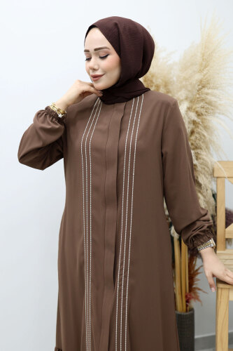 Önü Biyeli Volanlı Tesettür Ferace TSD260143 Kahverengi - 2