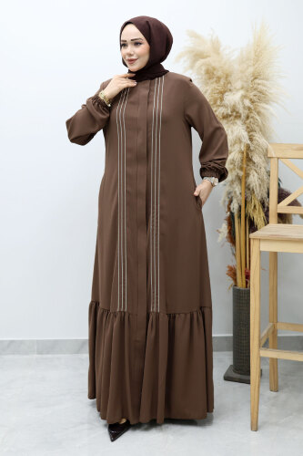 Önü Biyeli Volanlı Tesettür Ferace TSD260143 Kahverengi - 3