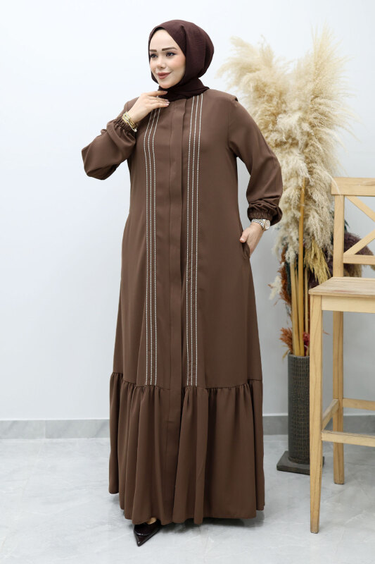 Önü Biyeli Volanlı Tesettür Ferace TSD260143 Kahverengi - 3