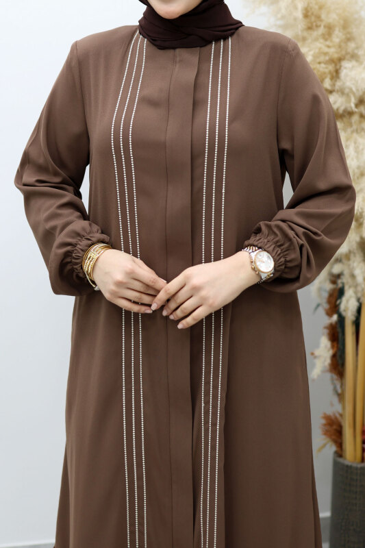 Önü Biyeli Volanlı Tesettür Ferace TSD260143 Kahverengi - 4