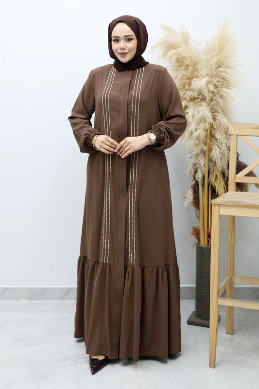 Önü Biyeli Volanlı Tesettür Ferace TSD260143 Kahverengi - 5