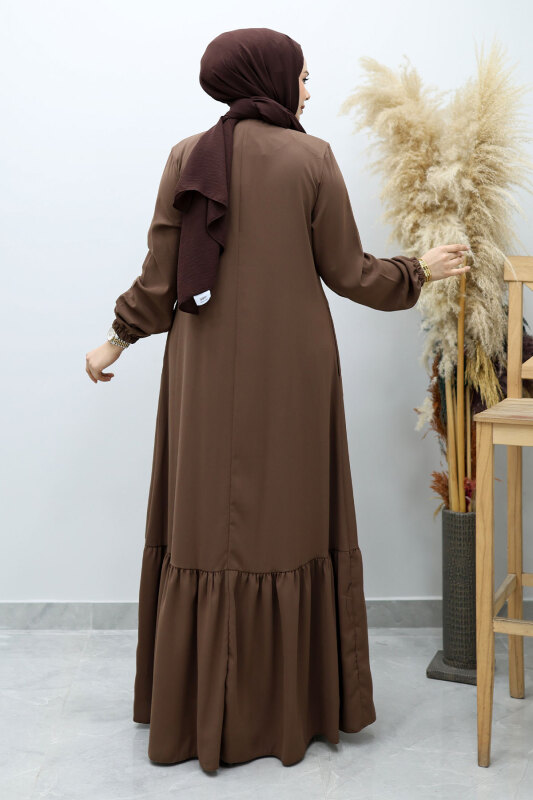 Önü Biyeli Volanlı Tesettür Ferace TSD260143 Kahverengi - 6