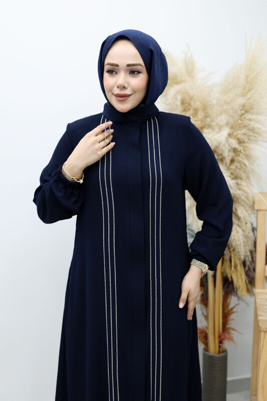 Önü Biyeli Volanlı Tesettür Ferace TSD260143 Lacivert - Tesettür Dünyası (1)