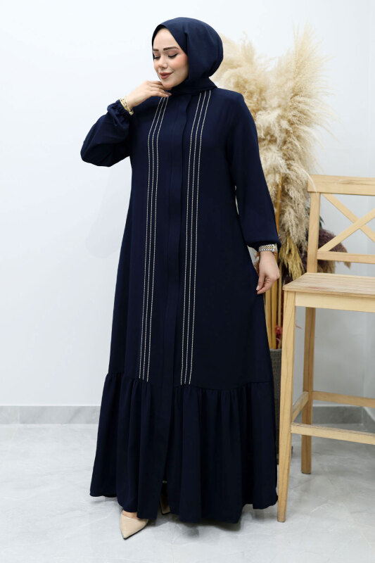 Önü Biyeli Volanlı Tesettür Ferace TSD260143 Lacivert - 3