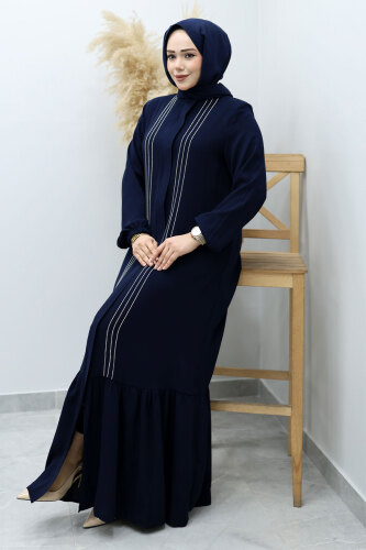 Önü Biyeli Volanlı Tesettür Ferace TSD260143 Lacivert - 5