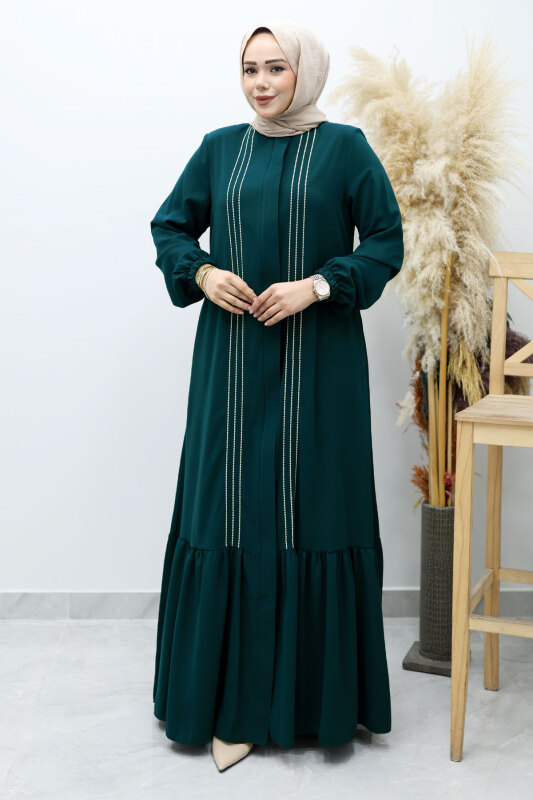 Önü Biyeli Volanlı Tesettür Ferace TSD260143 Petrol - Tesettür Dünyası