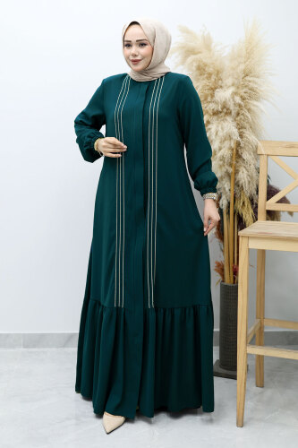 Önü Biyeli Volanlı Tesettür Ferace TSD260143 Petrol - 3