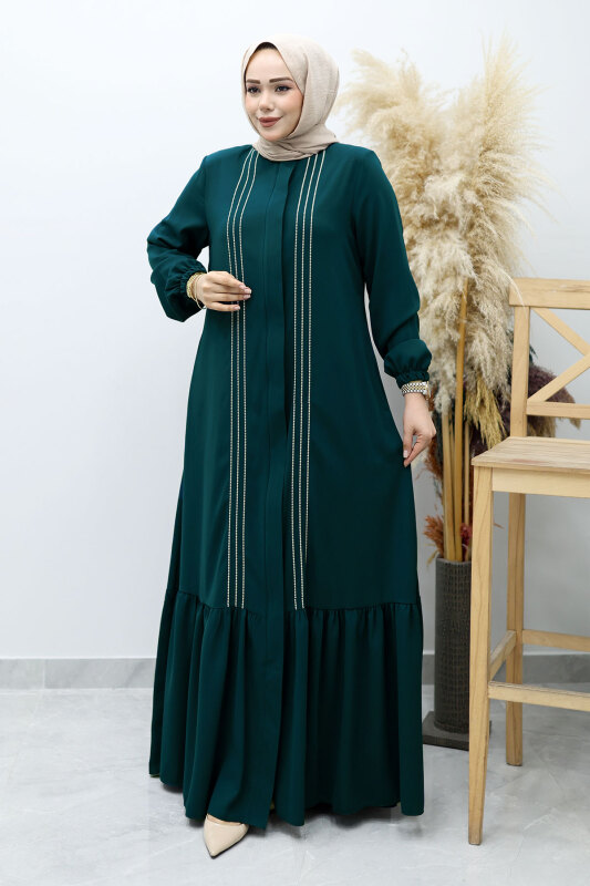 Önü Biyeli Volanlı Tesettür Ferace TSD260143 Petrol - 3