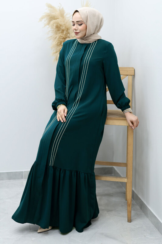 Önü Biyeli Volanlı Tesettür Ferace TSD260143 Petrol - 5