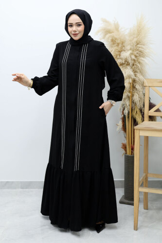 Önü Biyeli Volanlı Tesettür Ferace TSD260143 Siyah - 1