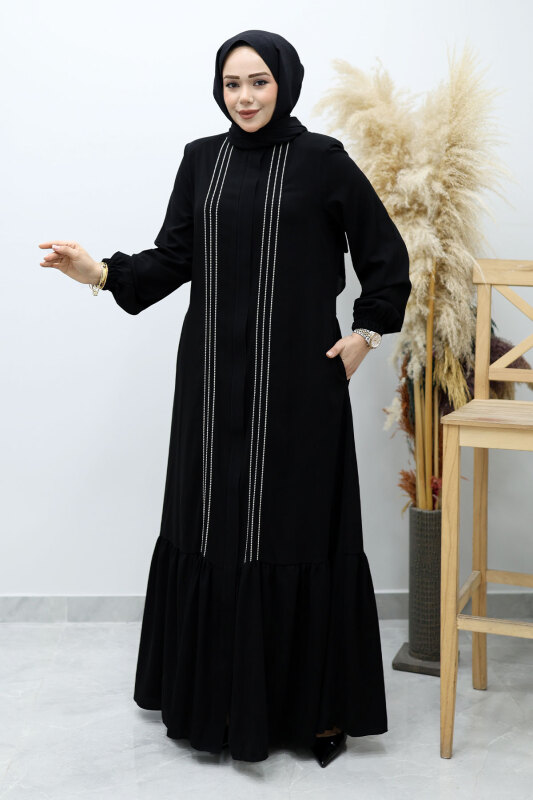 Önü Biyeli Volanlı Tesettür Ferace TSD260143 Siyah - Tesettür Dünyası