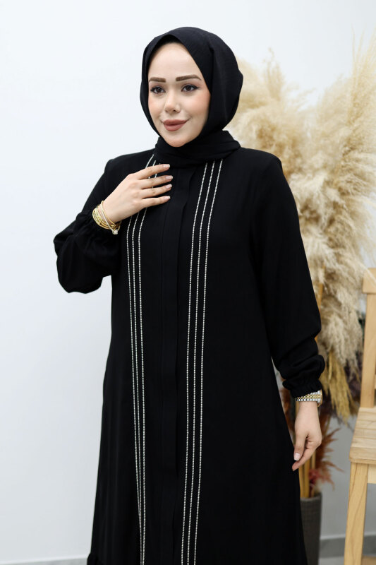 Önü Biyeli Volanlı Tesettür Ferace TSD260143 Siyah - Tesettür Dünyası (1)