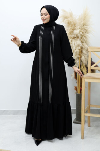 Önü Biyeli Volanlı Tesettür Ferace TSD260143 Siyah - 3