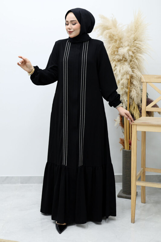 Önü Biyeli Volanlı Tesettür Ferace TSD260143 Siyah - 3