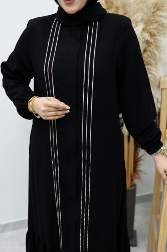 Önü Biyeli Volanlı Tesettür Ferace TSD260143 Siyah - 4