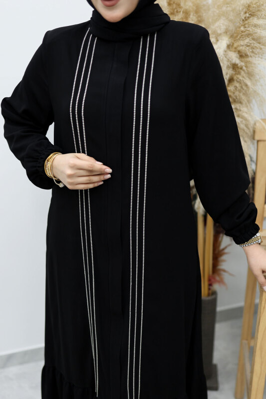 Önü Biyeli Volanlı Tesettür Ferace TSD260143 Siyah - 4