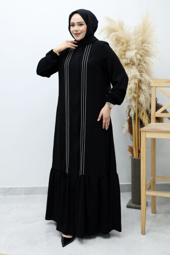 Önü Biyeli Volanlı Tesettür Ferace TSD260143 Siyah - 5