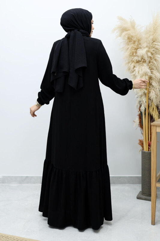 Önü Biyeli Volanlı Tesettür Ferace TSD260143 Siyah - 6