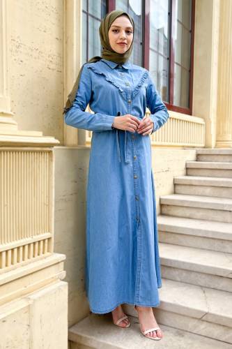 Önü Fırfırlı Kemerli Kot Elbise TSD220836 Açık Mavi - 1
