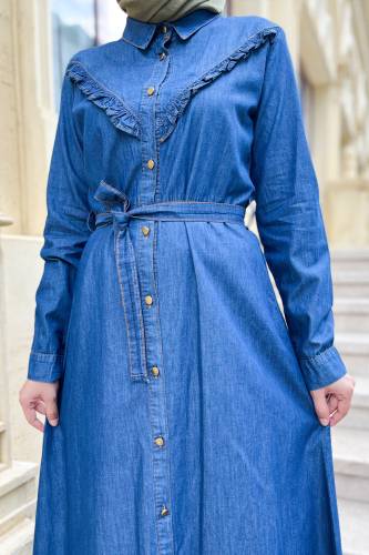 Önü Fırfırlı Kemerli Kot Elbise TSD220836 Koyu Mavi - 3