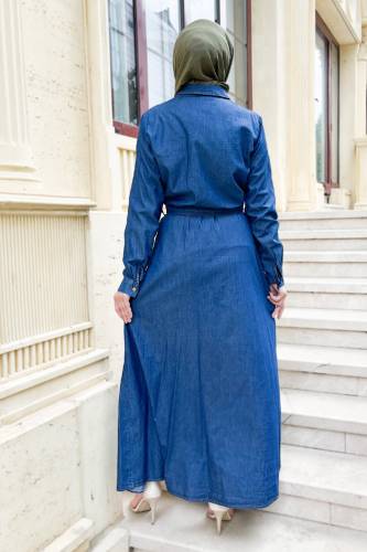 Önü Fırfırlı Kemerli Kot Elbise TSD220836 Koyu Mavi - 5