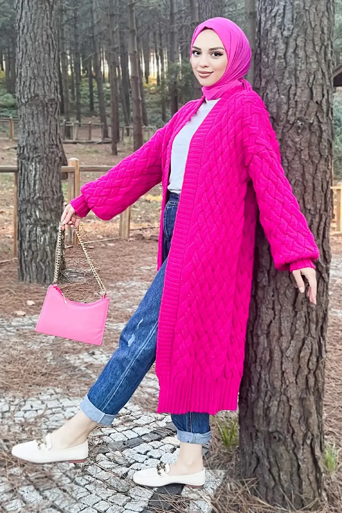 Örgü Desenli Triko Hırka TSD220714 Fuşya - Tesettür Dünyası