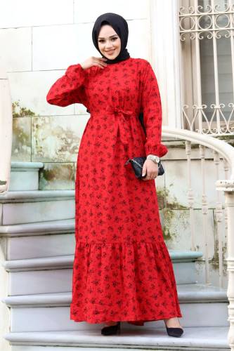 Papatya Desenli Eteği Volanlı Elbise TSD240205 Kırmızı - 1
