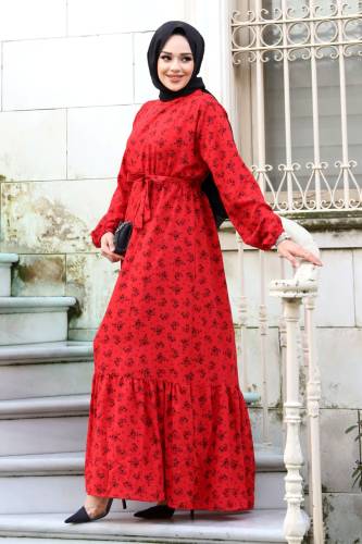Papatya Desenli Eteği Volanlı Elbise TSD240205 Kırmızı - 3