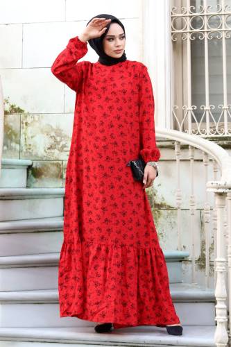Papatya Desenli Eteği Volanlı Elbise TSD240205 Kırmızı - 4