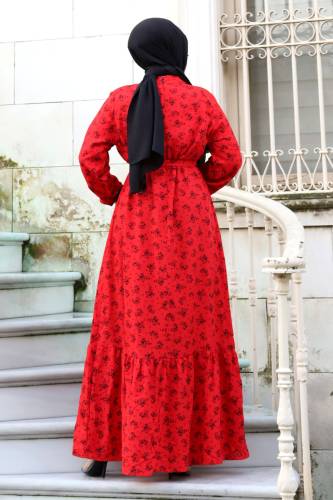 Papatya Desenli Eteği Volanlı Elbise TSD240205 Kırmızı - 5