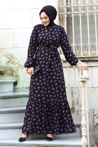 Papatya Desenli Eteği Volanlı Elbise TSD240205 Siyah - 1