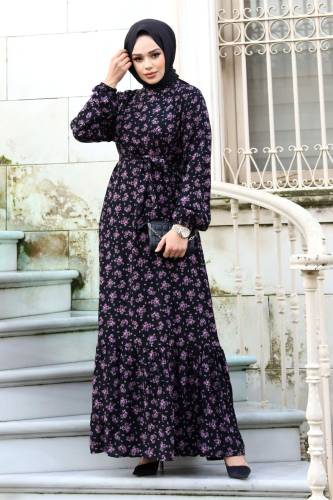Papatya Desenli Eteği Volanlı Elbise TSD240205 Siyah - 3