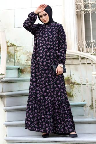 Papatya Desenli Eteği Volanlı Elbise TSD240205 Siyah - 4
