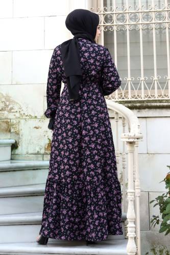Papatya Desenli Eteği Volanlı Elbise TSD240205 Siyah - 5
