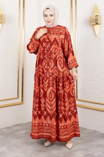 Patlı Yarım Düğmeli Viskon Elbise TSD250206 Bordo 
