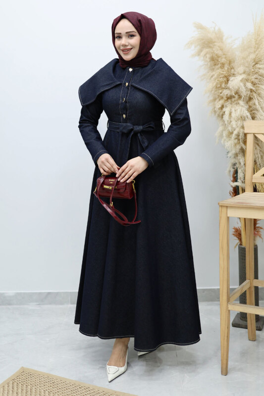 Pelerin Yaka Kot Elbise TSD260137 Koyu Mavi - Tesettür Dünyası