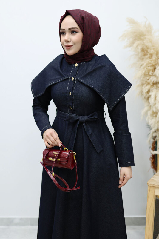 Pelerin Yaka Kot Elbise TSD260137 Koyu Mavi - Tesettür Dünyası (1)