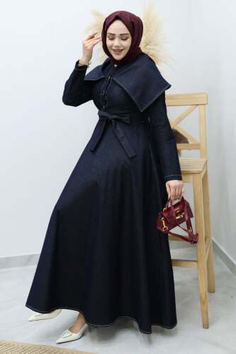 Pelerin Yaka Kot Elbise TSD260137 Koyu Mavi - 3