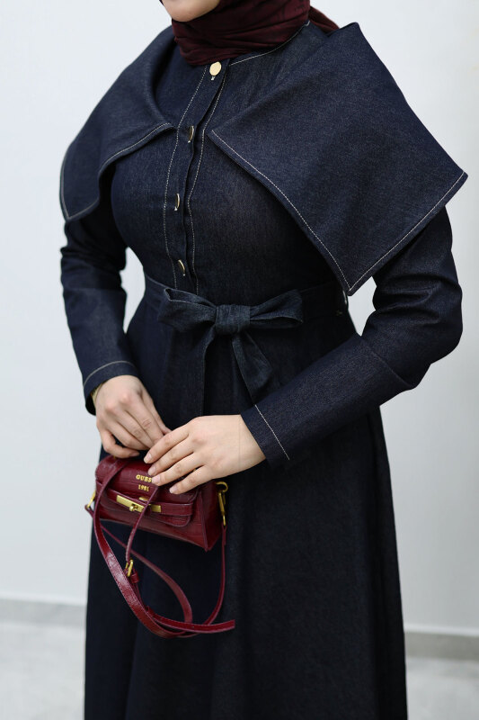 Pelerin Yaka Kot Elbise TSD260137 Koyu Mavi - 4