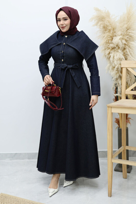 Pelerin Yaka Kot Elbise TSD260137 Koyu Mavi - 5