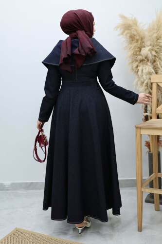 Pelerin Yaka Kot Elbise TSD260137 Koyu Mavi - 6