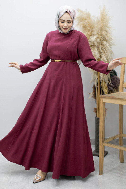 Pensli Hakim Yaka Kemerli Elbise TSD260184 Fuşya - 1