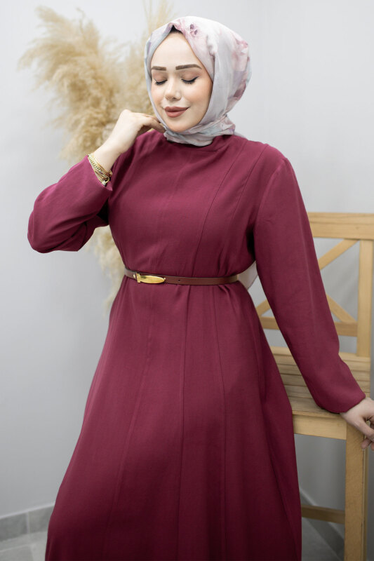 Pensli Hakim Yaka Kemerli Elbise TSD260184 Fuşya - 2