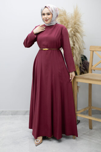 Pensli Hakim Yaka Kemerli Elbise TSD260184 Fuşya - 5