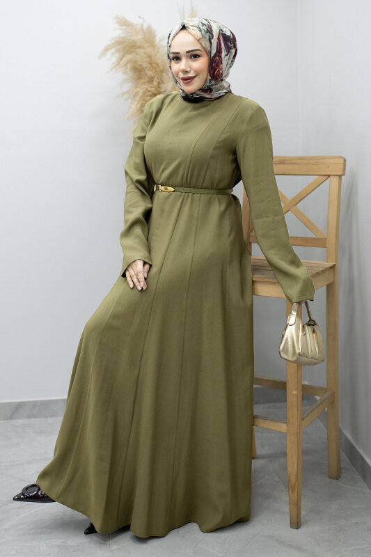 Pensli Hakim Yaka Kemerli Elbise TSD260184 Haki - Tesettür Dünyası