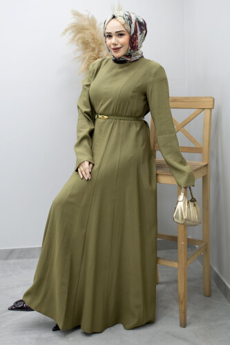 Pensli Hakim Yaka Kemerli Elbise TSD260184 Haki 