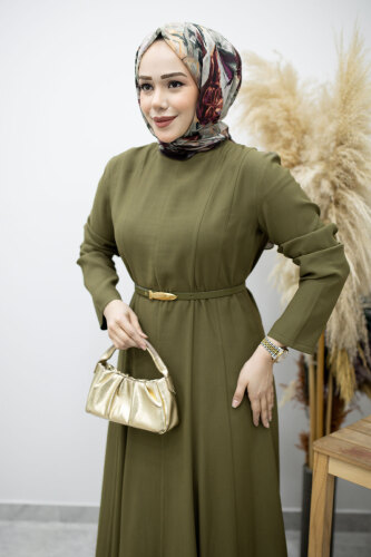 Pensli Hakim Yaka Kemerli Elbise TSD260184 Haki - 2