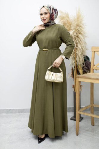 Pensli Hakim Yaka Kemerli Elbise TSD260184 Haki - 3
