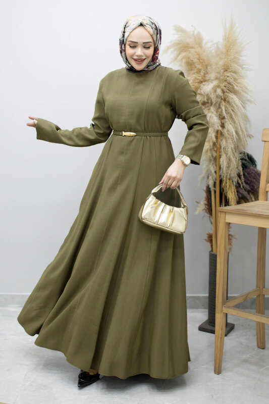 Pensli Hakim Yaka Kemerli Elbise TSD260184 Haki - 4