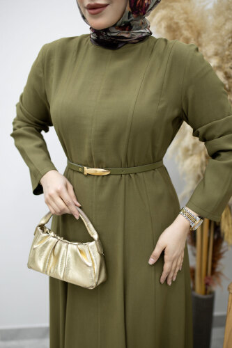 Pensli Hakim Yaka Kemerli Elbise TSD260184 Haki - 5